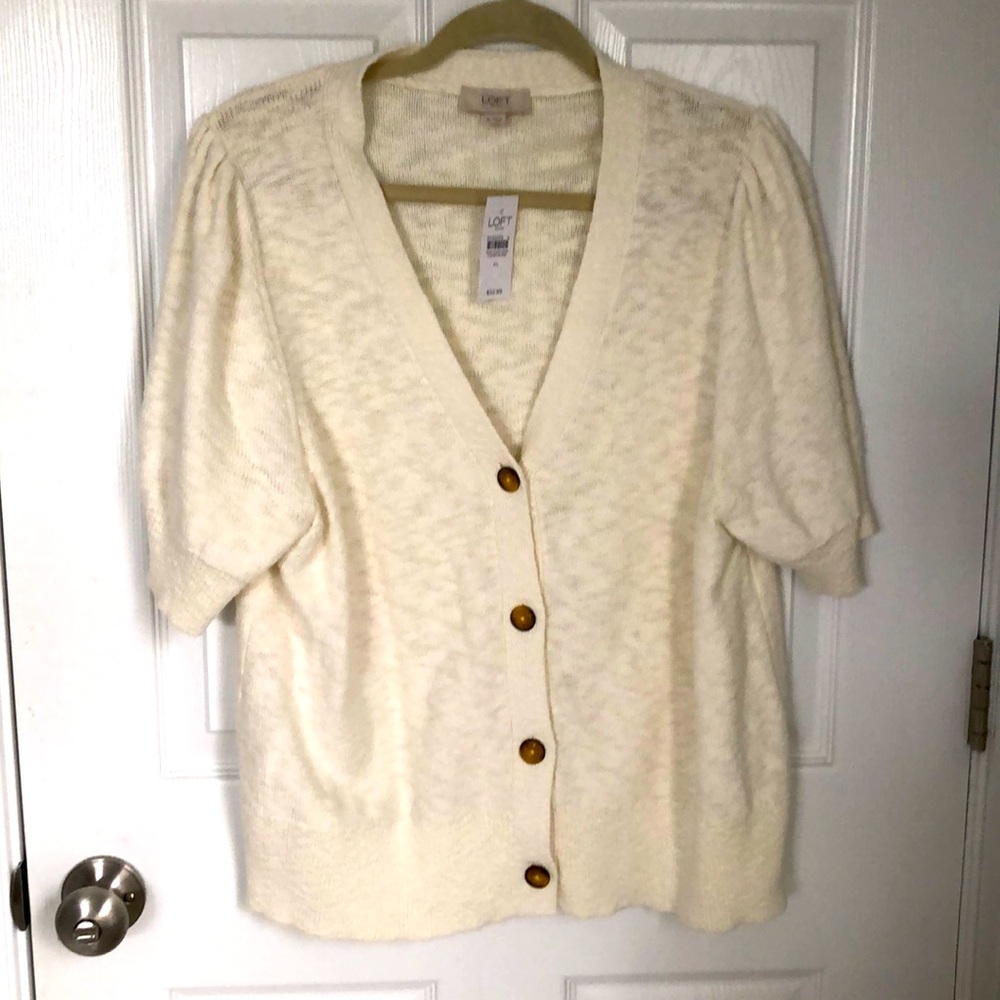 Loft Outlet Puff Short Sleeve 100% Cotton Knit Cardigan Sweater